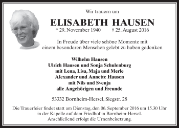 Anzeige von Elisabeth Hausen von  Schaufenster/Blickpunkt 