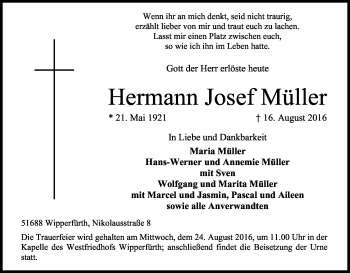 Anzeige von Hermann Josef Müller von Kölner Stadt-Anzeiger / Kölnische Rundschau / Express
