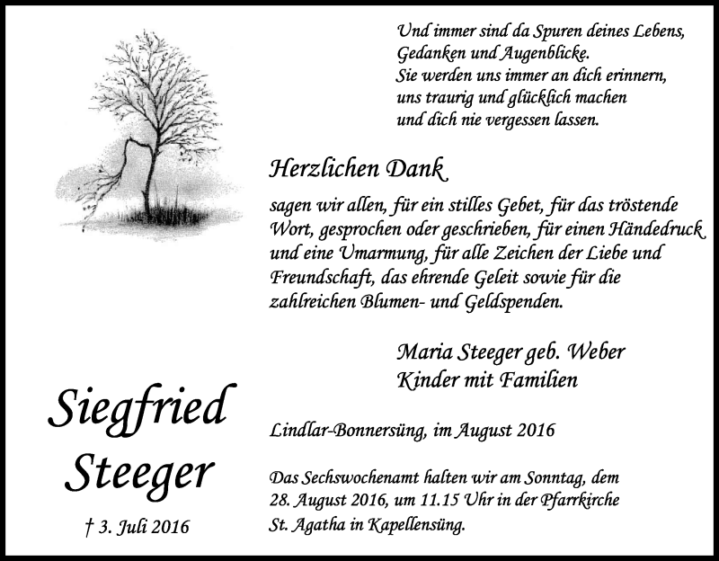  Traueranzeige für Siegfried Steeger vom 20.08.2016 aus Kölner Stadt-Anzeiger / Kölnische Rundschau / Express