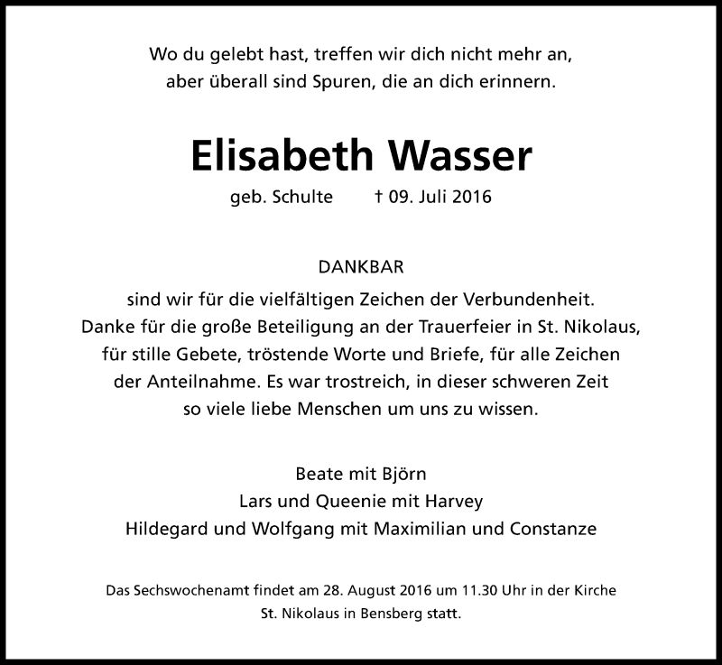  Traueranzeige für Elisabeth Wasser vom 20.08.2016 aus Kölner Stadt-Anzeiger / Kölnische Rundschau / Express