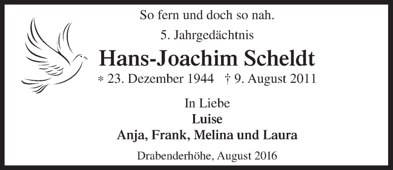  Traueranzeige für Hans-Joachim Scheldt vom 03.08.2016 aus  Anzeigen Echo 