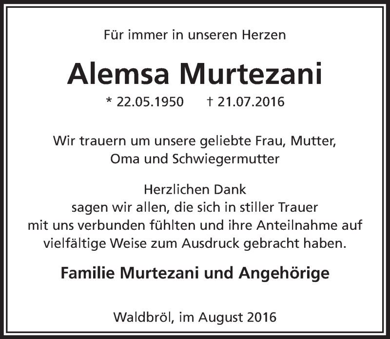  Traueranzeige für Alemsa Murtezani vom 10.08.2016 aus  Lokalanzeiger 