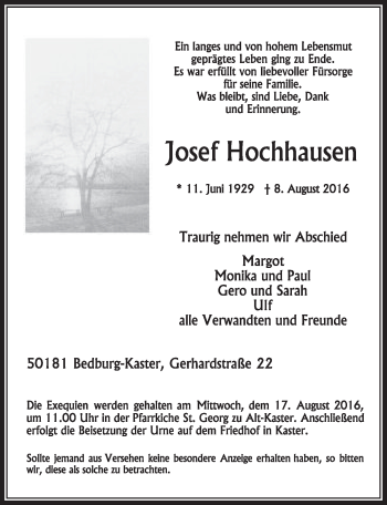 Anzeige von Josef Hochhausen von  Sonntags-Post 
