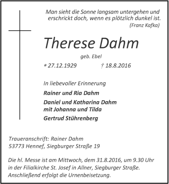 Anzeige von Therese Dahm von  Extra Blatt 