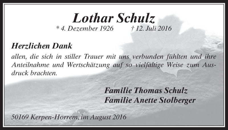  Traueranzeige für Lothar Schulz vom 17.08.2016 aus  Werbepost 