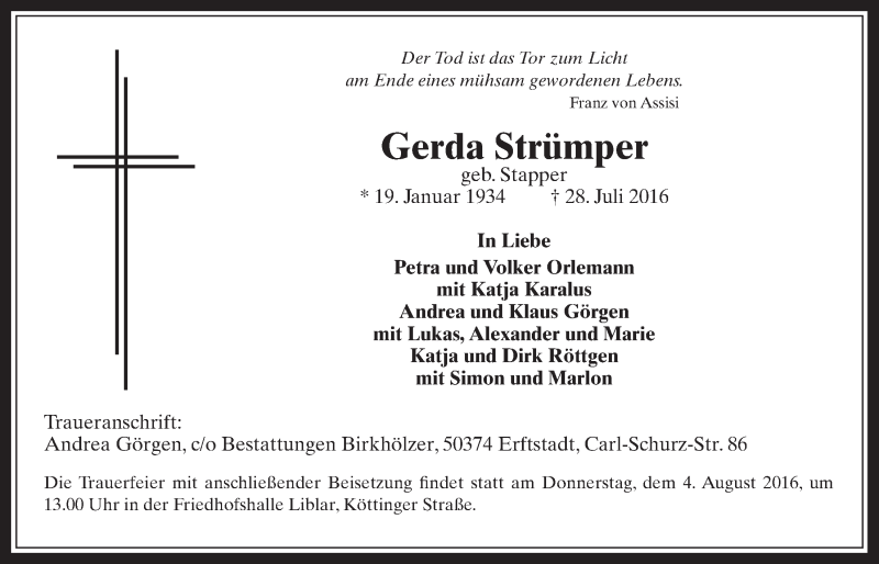  Traueranzeige für Gerda Strümper vom 03.08.2016 aus  Werbepost 