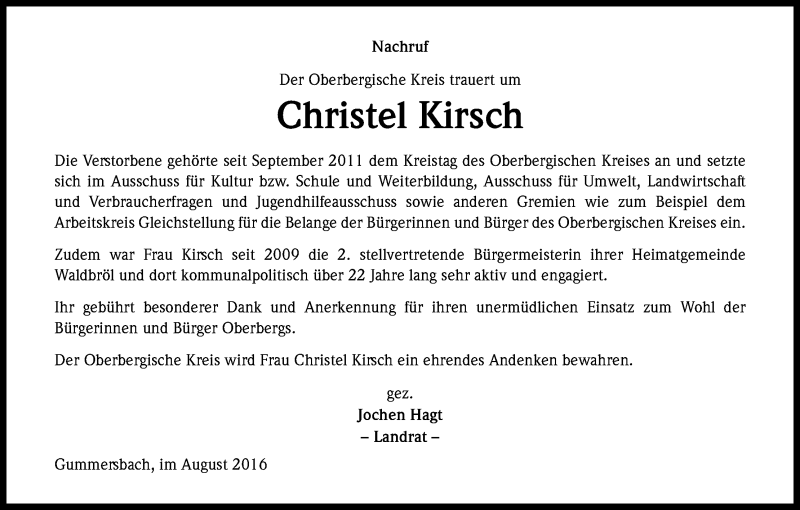  Traueranzeige für Christel Kirsch vom 27.08.2016 aus Kölner Stadt-Anzeiger / Kölnische Rundschau / Express