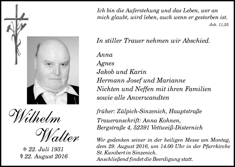  Traueranzeige für Wilhelm Walter vom 27.08.2016 aus  Blickpunkt Euskirchen 