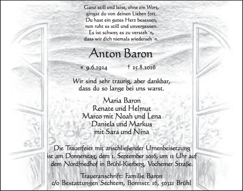  Traueranzeige für Anton Baron vom 31.08.2016 aus  Schlossbote/Werbekurier 