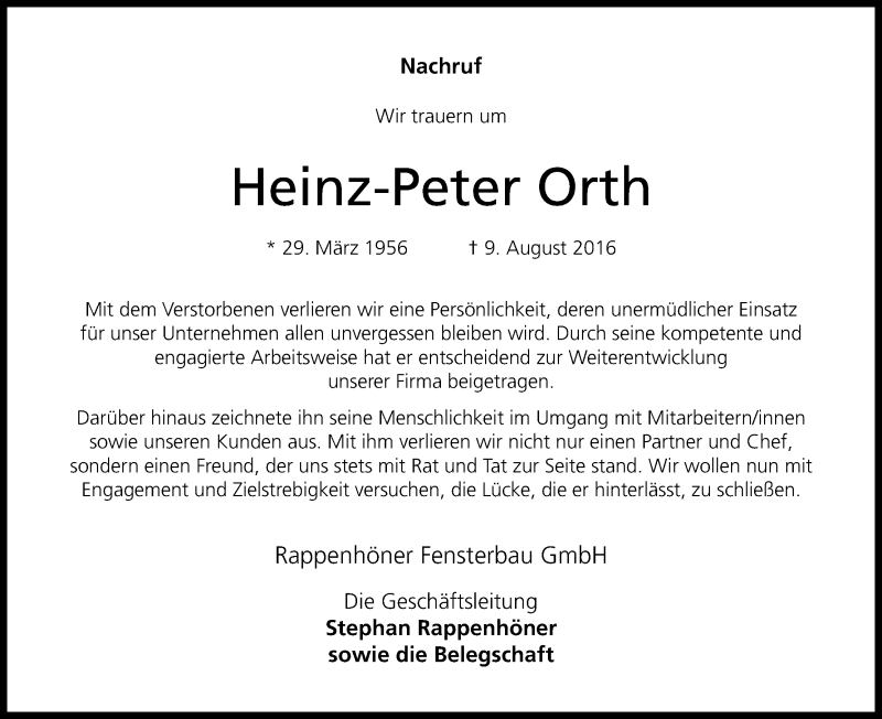  Traueranzeige für Heinz-Peter Orth vom 13.08.2016 aus Kölner Stadt-Anzeiger / Kölnische Rundschau / Express