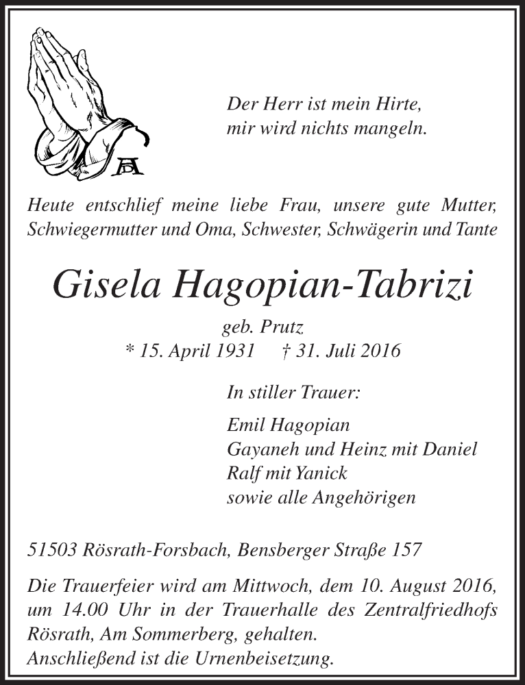 Traueranzeige für Gisela Hagopian-Tabrizi vom 06.08.2016 aus  Bergisches Sonntagsblatt 
