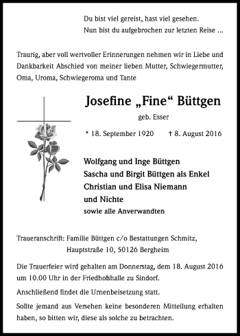 Anzeige von Josefine Büttgen von Kölner Stadt-Anzeiger / Kölnische Rundschau / Express