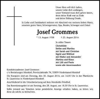 Anzeige von Josef Grommes von Kölner Stadt-Anzeiger / Kölnische Rundschau / Express