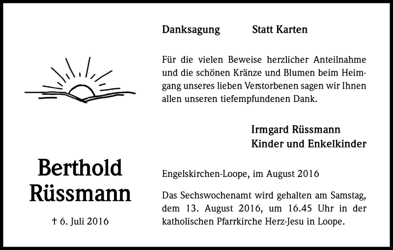  Traueranzeige für Berthold Rüssmann vom 13.08.2016 aus Kölner Stadt-Anzeiger / Kölnische Rundschau / Express