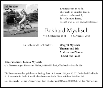 Anzeige von Eckhard Myslisch von Kölner Stadt-Anzeiger / Kölnische Rundschau / Express