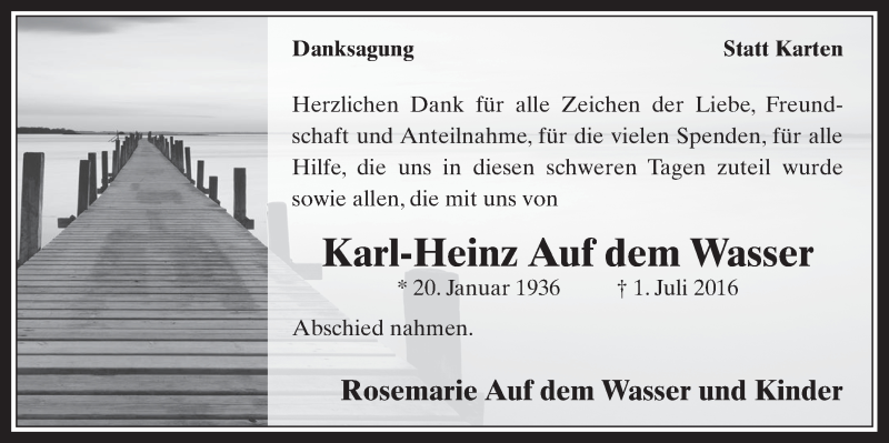 Traueranzeige für Karl-Heinz Auf dem Wasser vom 03.08.2016 aus  Wochenende 