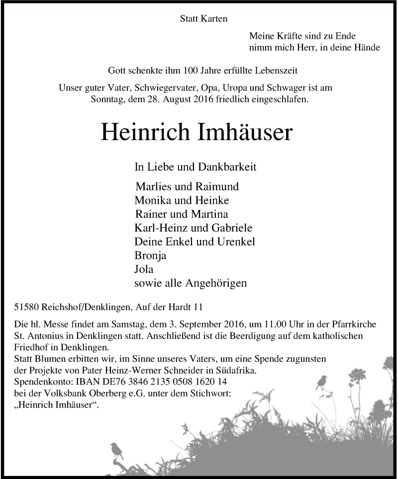  Traueranzeige für Heinrich Imhäuser vom 31.08.2016 aus Kölner Stadt-Anzeiger / Kölnische Rundschau / Express
