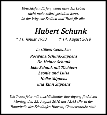 Anzeige von Hubert Schunk von Kölner Stadt-Anzeiger / Kölnische Rundschau / Express