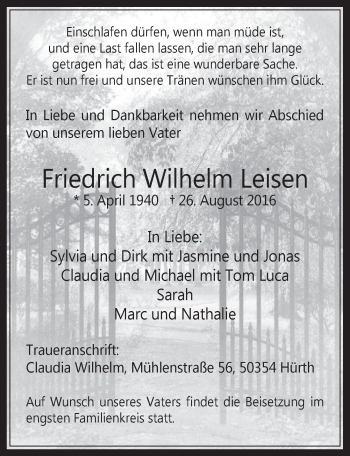 Anzeige von Friedrich Wilhelm Leisen von  Wochenende 