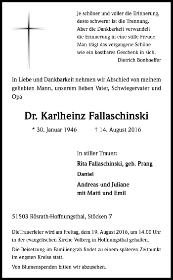 Anzeige von Karlheinz Fallaschinski von Kölner Stadt-Anzeiger / Kölnische Rundschau / Express
