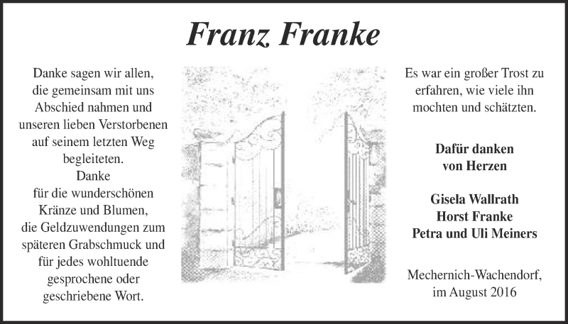  Traueranzeige für Franz Franke vom 06.08.2016 aus  Blickpunkt Euskirchen 