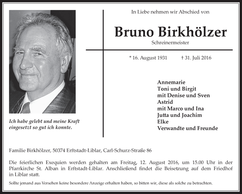  Traueranzeige für Bruno Birkhölzer vom 10.08.2016 aus  Werbepost 