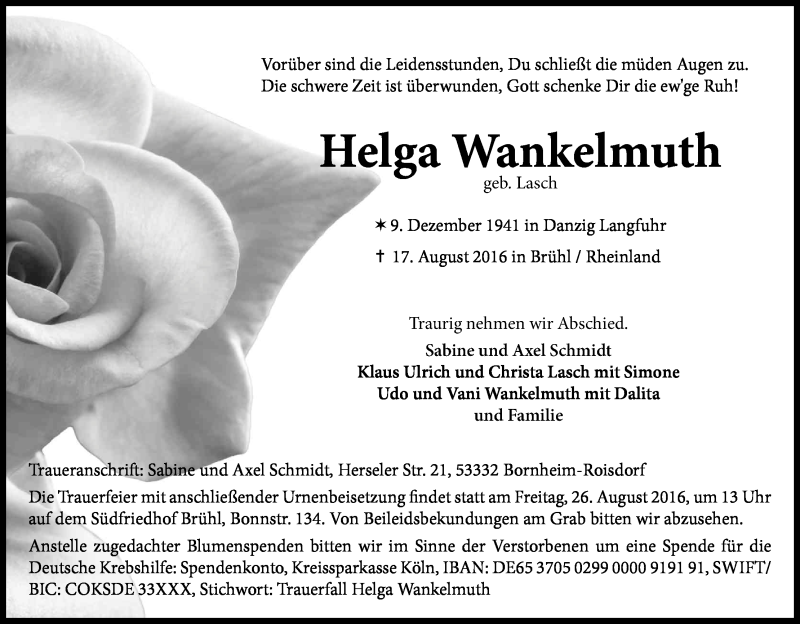  Traueranzeige für Helga Wankelmuth vom 20.08.2016 aus Kölner Stadt-Anzeiger / Kölnische Rundschau / Express