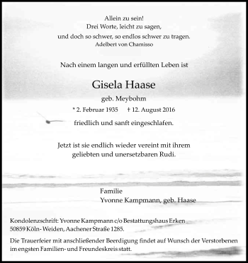 Anzeige von Gisela Haase von Kölner Stadt-Anzeiger / Kölnische Rundschau / Express