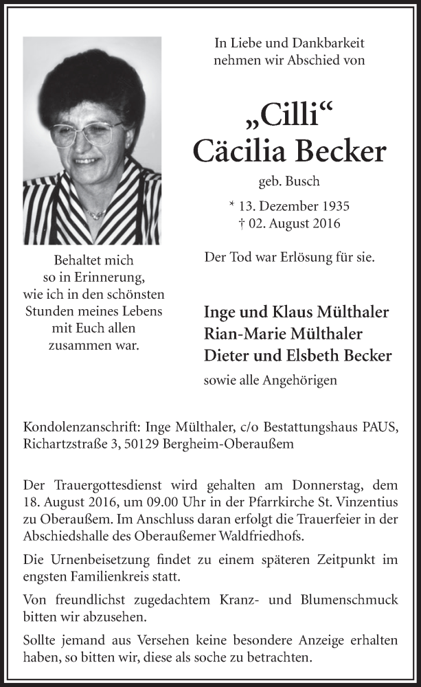  Traueranzeige für Cäcilia Becker vom 13.08.2016 aus  Sonntags-Post 