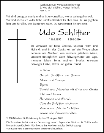 Anzeige von Udo Schlifter von  Lokalanzeiger 