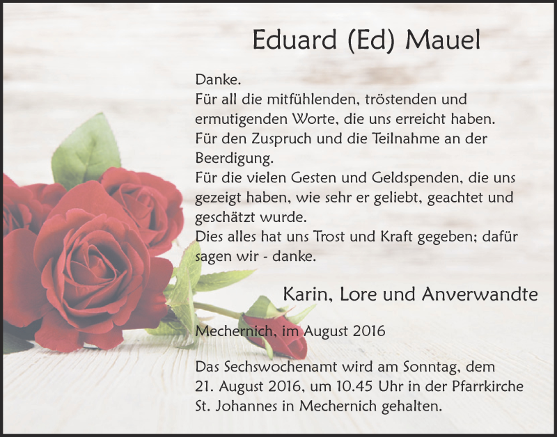  Traueranzeige für Eduard Mauel vom 20.08.2016 aus  Blickpunkt Euskirchen 