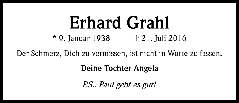  Traueranzeige für Erhard Grahl vom 13.08.2016 aus Kölner Stadt-Anzeiger / Kölnische Rundschau / Express