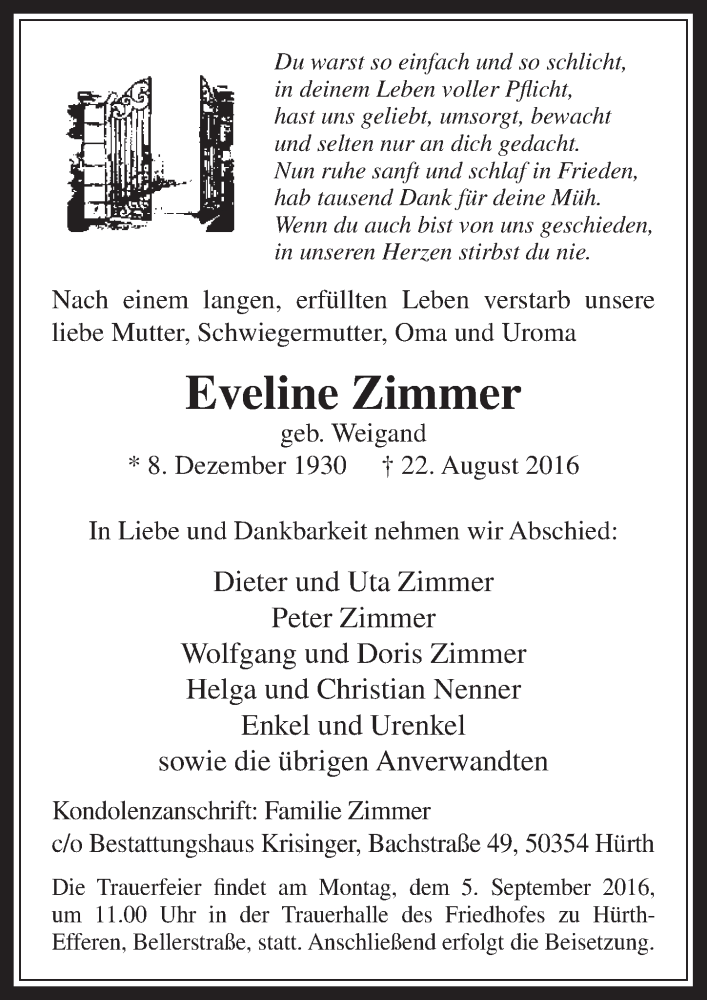  Traueranzeige für Eveline Zimmer vom 31.08.2016 aus  Wochenende 