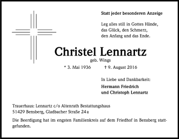 Anzeige von Christel Lennartz von Kölner Stadt-Anzeiger / Kölnische Rundschau / Express
