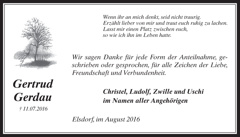  Traueranzeige für Gertrud Gerdau vom 17.08.2016 aus  Werbepost 