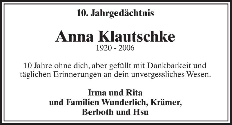 Traueranzeige für Anna Klautschke vom 24.08.2016 aus  Schlossbote/Werbekurier 