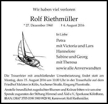 Anzeige von Rolf Riethmüller von Kölner Stadt-Anzeiger / Kölnische Rundschau / Express