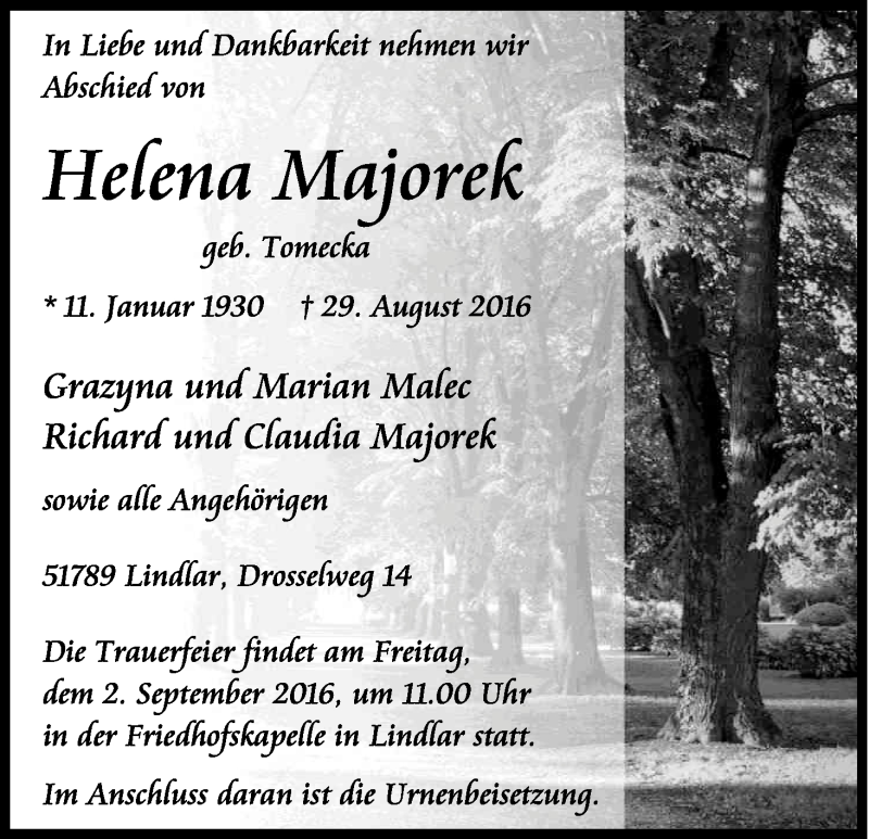  Traueranzeige für Helena Majorek vom 31.08.2016 aus Kölner Stadt-Anzeiger / Kölnische Rundschau / Express