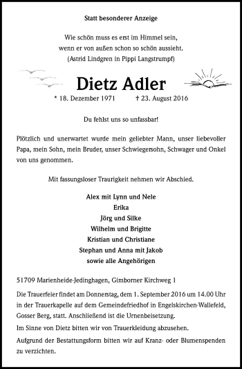 Anzeige von Dietz Adler von Kölner Stadt-Anzeiger / Kölnische Rundschau / Express