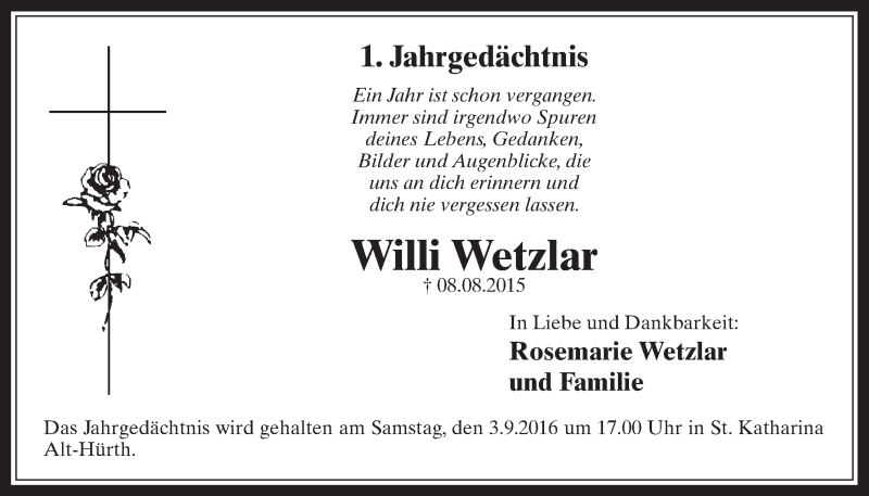  Traueranzeige für Willi Wetzlar vom 31.08.2016 aus  Wochenende 