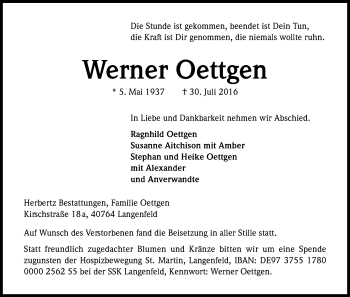 Anzeige von Werner Oettgen von Kölner Stadt-Anzeiger / Kölnische Rundschau / Express