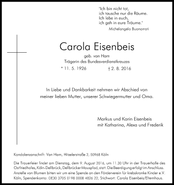 Anzeige von Carola Eisenbeis von Kölner Stadt-Anzeiger / Kölnische Rundschau / Express