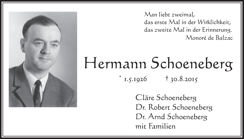  Traueranzeige für Hermann Schoeneberg vom 31.08.2016 aus  Schlossbote/Werbekurier 