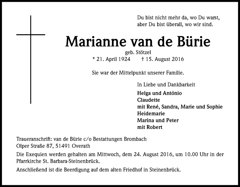  Traueranzeige für Marianne van de Bürie vom 18.08.2016 aus Kölner Stadt-Anzeiger / Kölnische Rundschau / Express