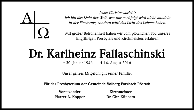  Traueranzeige für Karlheinz Fallaschinski vom 20.08.2016 aus Kölner Stadt-Anzeiger / Kölnische Rundschau / Express