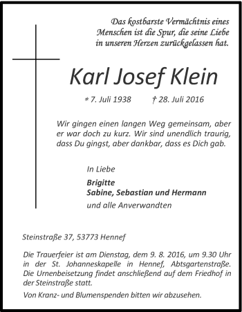 Anzeige von Karl Josef Klein von Kölner Stadt-Anzeiger / Kölnische Rundschau / Express