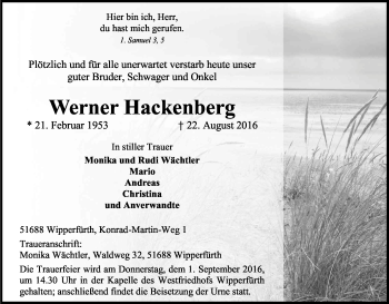 Anzeige von Werner Hackenberg von Kölner Stadt-Anzeiger / Kölnische Rundschau / Express