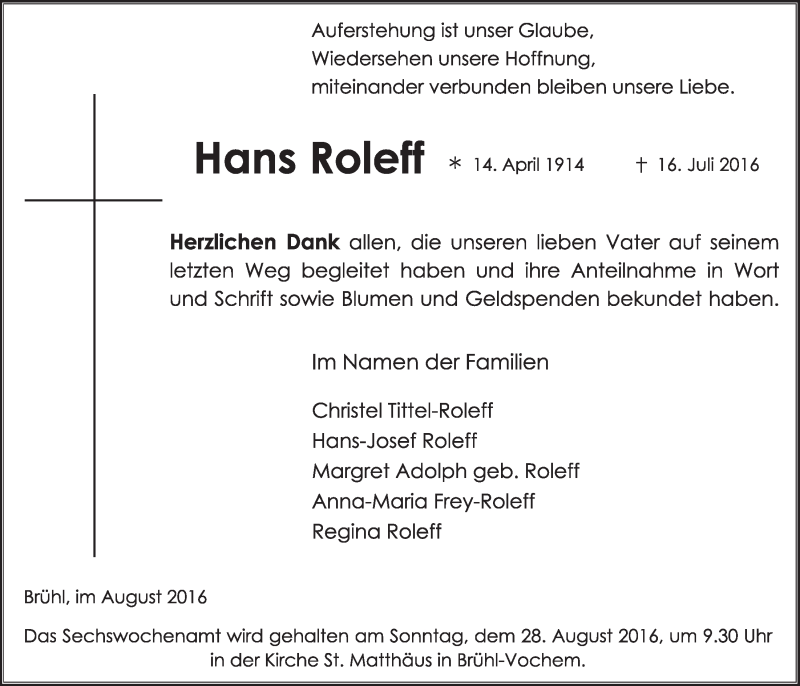  Traueranzeige für Hans Roleff vom 17.08.2016 aus  Schlossbote/Werbekurier 