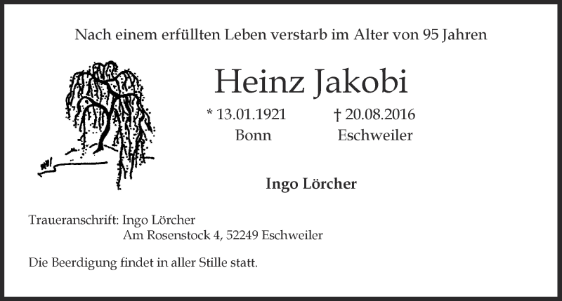  Traueranzeige für Heinz Jakobi vom 31.08.2016 aus  Schaufenster/Blickpunkt 