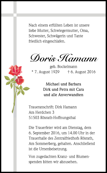 Anzeige von Doris Hamann von Kölner Stadt-Anzeiger / Kölnische Rundschau / Express